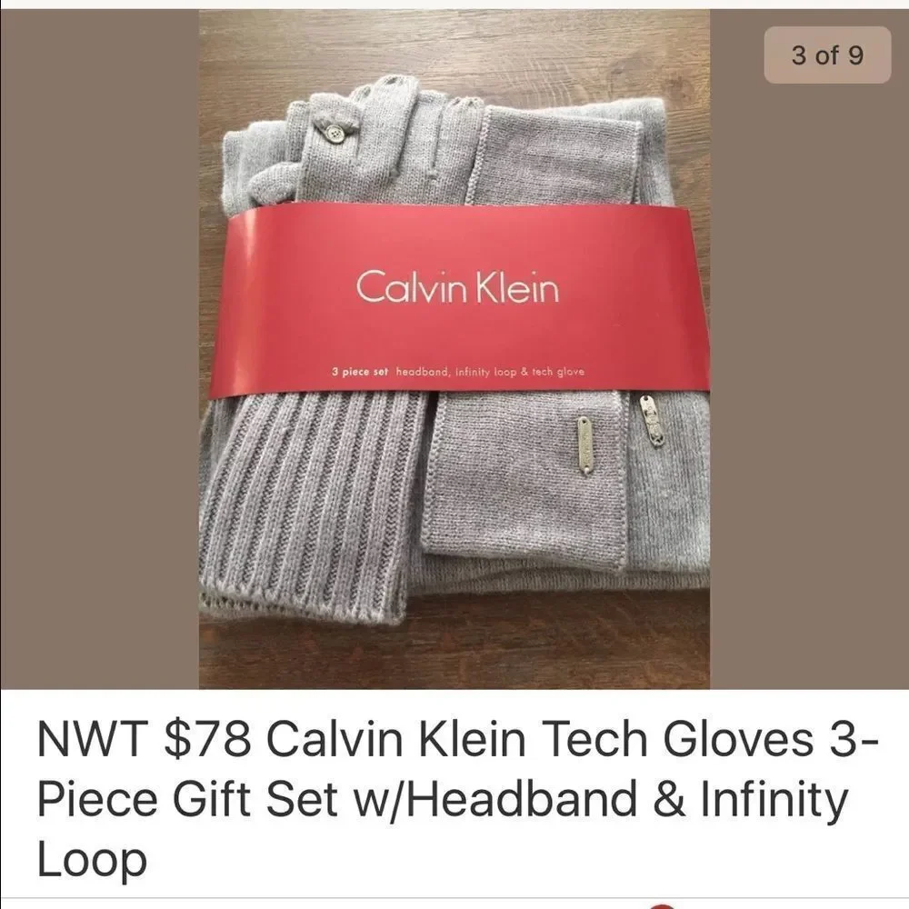 NWT Calvin Klein 3-Piece Tech Gloves Gift Set Grey Headband Gloves and Scarf
